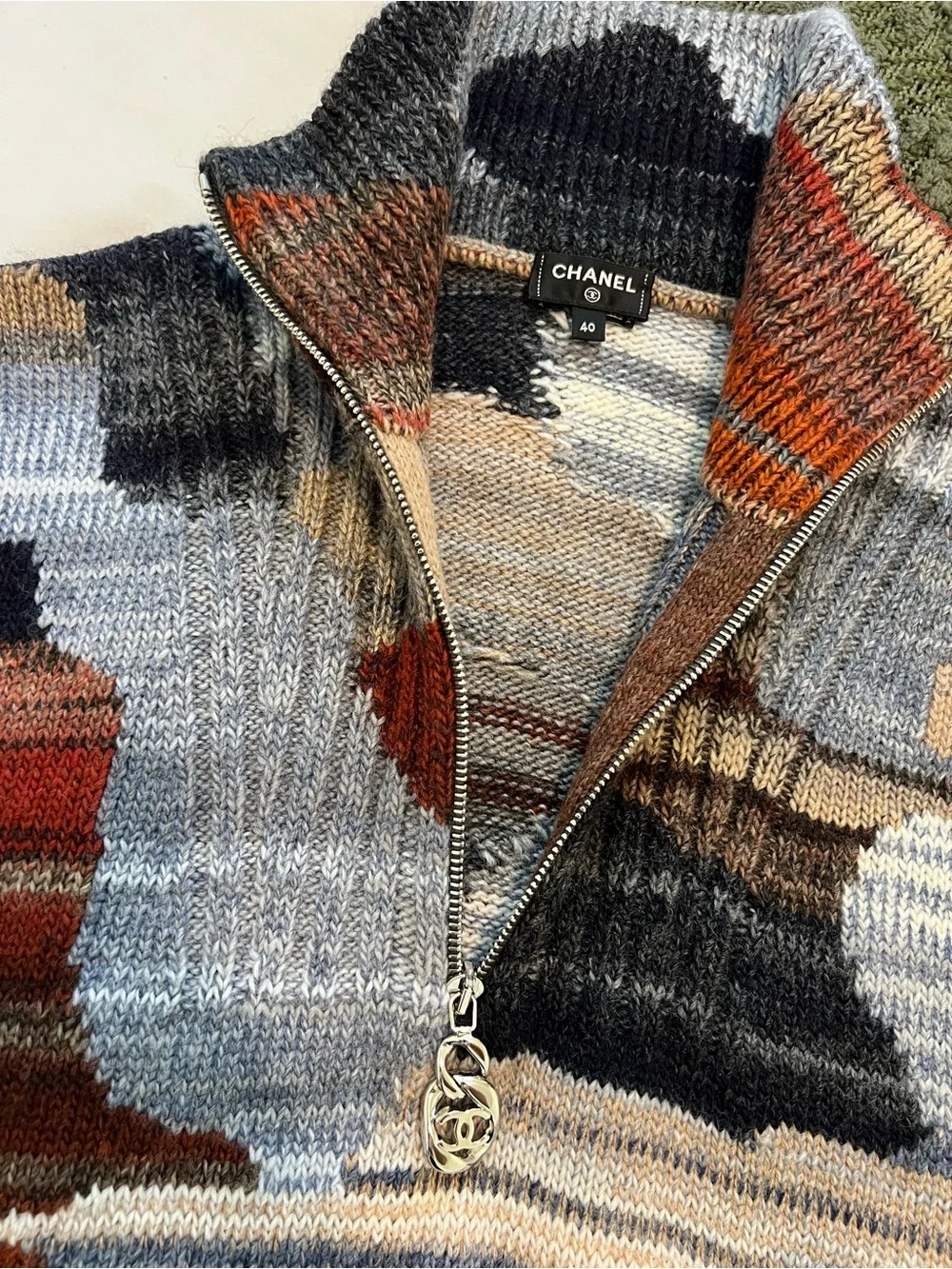 CHANEL Multicolor Half-Zip Knit Sweater — Gray, Red, Brown
